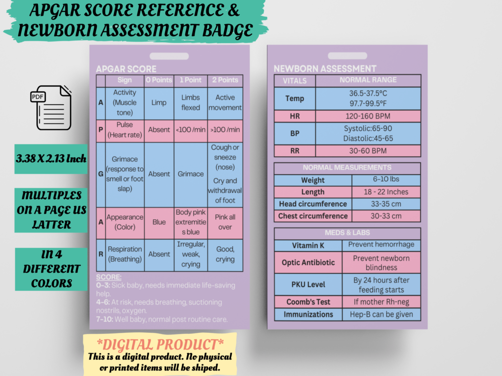 APGAR Score Reference & Newborn Assessment Badge Buddy Card - Study In ...