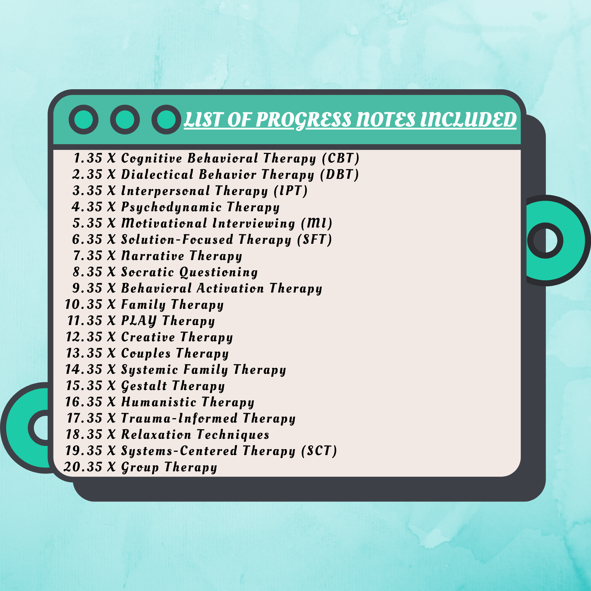 list of mental health-therapy progress notes included